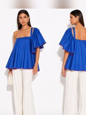Anna October Asymmetric Ruffle Top Blue Pink Trim Made in Ukraine